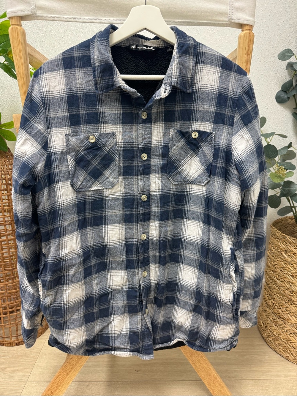 TravisMathew Men’s Medium Sherpa Lined Plaid Flannel Shirt Jacket Blue